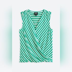 bobeau Green & White Striped Wrap-Front Sleeveless Camisole